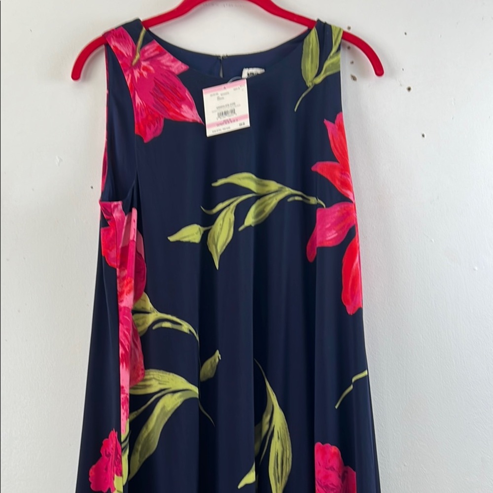 Ann Klein sleeveless navy and red floral dress